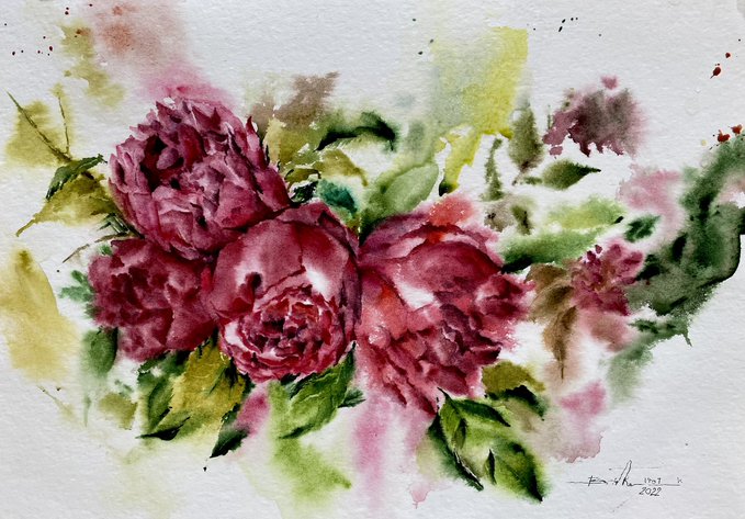 A watercolor painting of pink and deep red peonies or roses with green foliage, signed and dated 2022 in the bottom right corner.