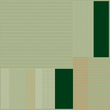 An abstract geometric composition featuring textured blocks of pale yellow-green, dark green, and peach colors with fine horizontal line patterns.