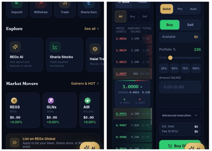 A mobile app interface for "REGs Global Exchange" displaying an Explore section with options like REGs AI and Sharia Stocks, along with a Market Movers section showing tickers REGS, GLNs, and AIR at $0.00, alongside a trading screen with a Buy/Sell order book showing GLNs at 1.0026 (USDT) and a 23% portfolio allocation slider.

The image showcases the trading platform and ecosystem assets (REGs, GLNs, AIR) that the post references as part of the upcoming Sharia-compliant digital exchange and logistics ecosystem launch.