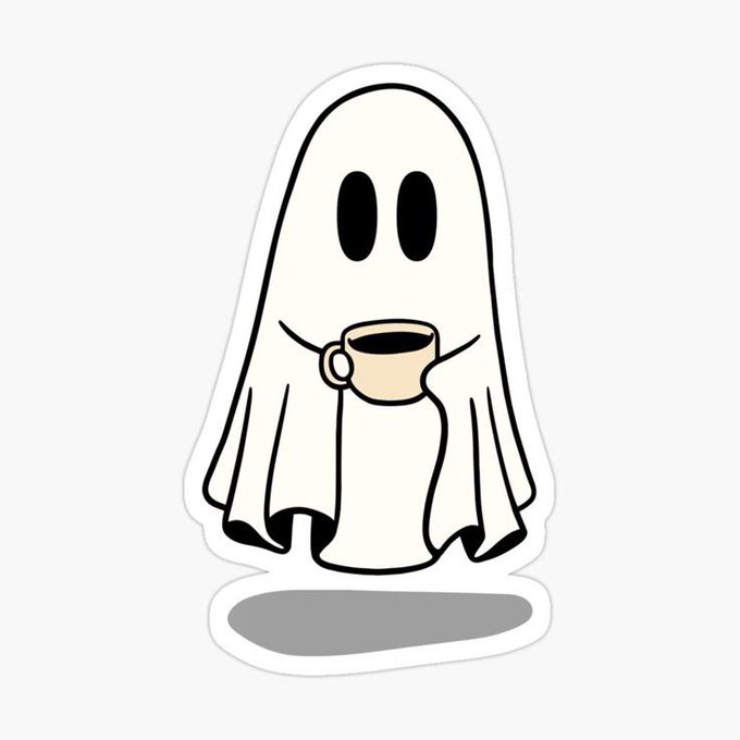 A minimalist cartoon sticker of a white ghost holding a beige coffee mug, designed in simple black-outlined style on a white background.