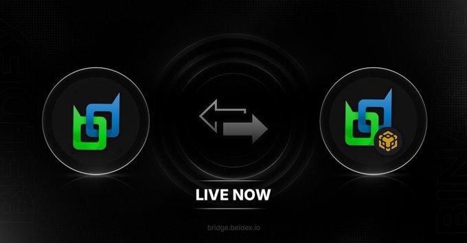 A promotional banner for 'bridge.beldex.io' showing two Beldex coin logos connected by a double arrow with the text 'LIVE NOW', indicating a token bridge is operational.