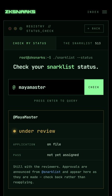 Screenshot from ZKSNARKS website showing a registry status check page where username '@mayamaster' is shown as 'under review' with 'application on file' and 'pass not yet assigned.'