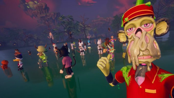 A surreal digital artwork featuring a grotesque monkey-like character in a red uniform and cap in the foreground, with various anthropomorphic animal figures gathered in a misty landscape behind.