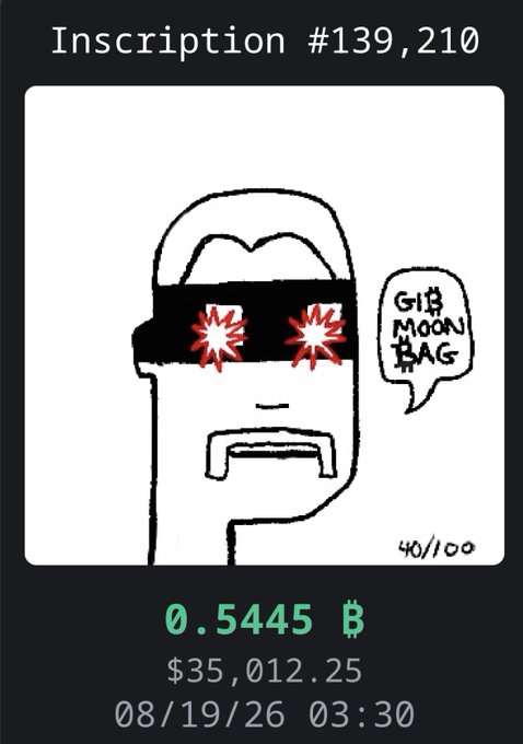 A digital artwork titled 'Inscription #139,210' depicting a cartoon character with red starburst eyes and a speech bubble saying 'GIB MOON BAG', listed at 0.5445 B ($35,012.25) on 08/19/26.