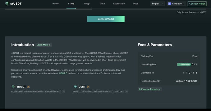 The image shows a screenshot of a page discussing USDT (stablecoin). It appears to be part of a tutorial or guide providing information about USDT, with specific focus on the layer function that allows for flexible capital use within DeFi projects through stake and wrap functions. There is also an emphasis on data transparency in the ecosystem and documentation of protocols related to these functions. The text provides instructions and explains what can be done with USDT as a stablecoin layer in DeFi projects, which may involve trading or exchanging currency.
