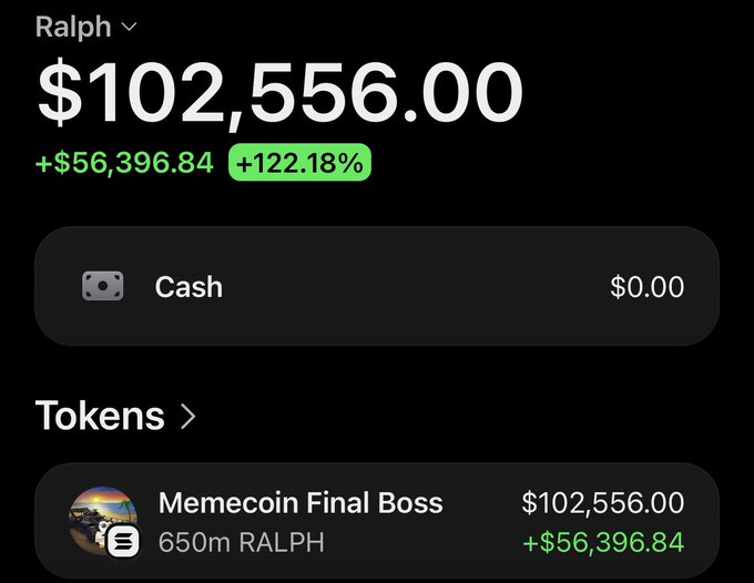 A crypto wallet screenshot for "Ralph" displays a portfolio value of $102,556.00 (+122.18%), entirely held in 650m RALPH tokens labeled "Memecoin Final Boss" up +$56,396.84, reinforcing the post's promotion of an upcoming $RALPH airdrop to commenters.