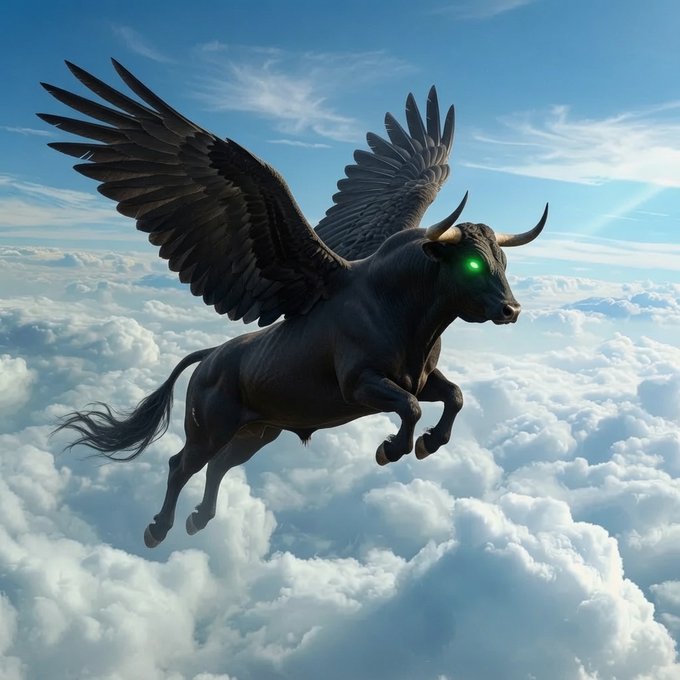 A dark, winged bull with glowing green eyes and golden horns flies through a bright blue sky above fluffy white clouds.