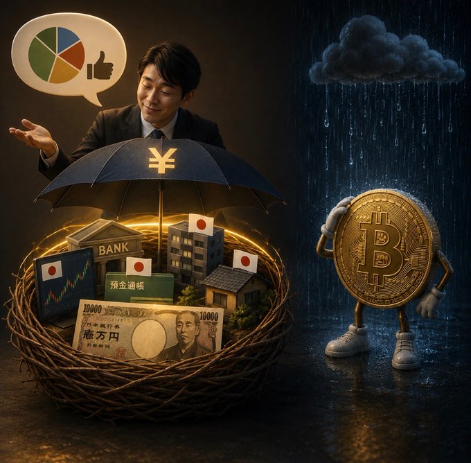 The image shows a man sheltered under a yen-symbol umbrella protecting a nest of Japanese assets—including a bank, real estate, Japanese bankbook (預金通帳), a stock chart, and a ¥10,000 note—while giving a thumbs-up approving a pie chart, as a Bitcoin coin stands alone in the rain beneath a dark cloud, illustrating the post's critique that "diversified" Japanese investors often hold only yen-denominated assets while dismissing cryptocurrency.