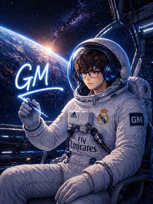 An anime-style illustration shows a character in a white 'Fly Emirates' Real Madrid astronaut suit with 'GM' patches, writing 'GM' in glowing letters against a backdrop of Earth from space.