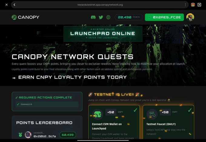 A screenshot of the Canopy Network website (rewards.testnet.app.canopynetwork.org) showing a 'LAUNCHPAD ONLINE' banner, 'CANOPY NETWORK QUESTS' page with 20,490 points and address 0X2AES_FC2E, featuring testnet tasks like connecting an EVM wallet for +50 CNPY.