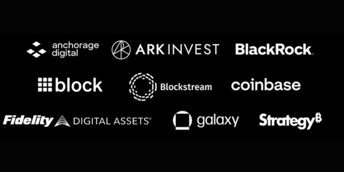 A black background displays nine white corporate logos arranged in a grid: Anchorage Digital, ARK Invest, BlackRock, Block, Blockstream, Coinbase, Fidelity Digital Assets, Galaxy, and Strategy.