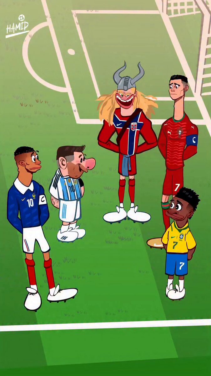 The image features a group of cartoon characters standing together, including a soccer player from Brazil, an anime character, and two children posing for a picture. The characters are positioned around a soccer field with a goalpost visible in the background. The post caption reads "C罗要争气啊!! 梅西都在笑了 最近市又开始热闹起来 之后我发现 很多人最后还是会回到同一个问题".