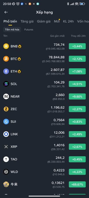 The image shows a Vietnamese cryptocurrency trading app ranking screen ("Xếp hạng") with all listed coins displaying green positive 24-hour changes, including BNB (+3.44% at 734.74), BTC (+2.12% at 78,844.88), ETH (+7.08% at 2,607.87), SOL (+4.51% at 104.29), and others, reflecting the all-green "bullish" market mood celebrated in the post.