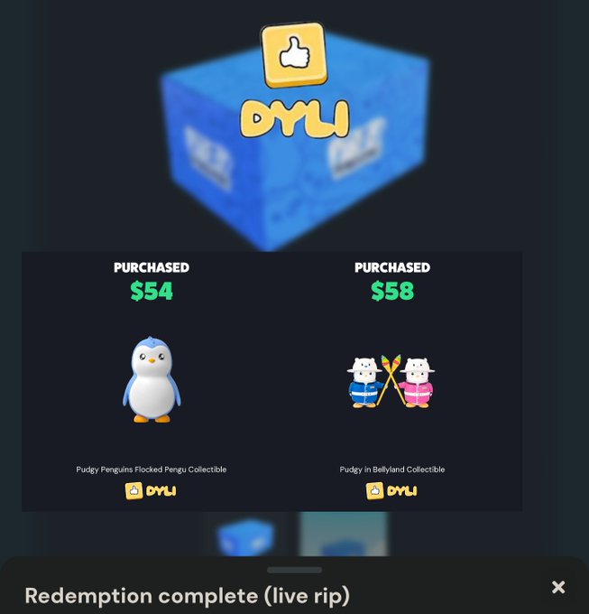 A digital collectibles interface showing 'Redemption complete (live rip)' with a blue mystery box branded 'OYLI', displaying two purchased items: 'Pudgy Penguins Flocked Pengu Collectible' for $54 and 'Pudgy in Bellyland Collectible' for $58.