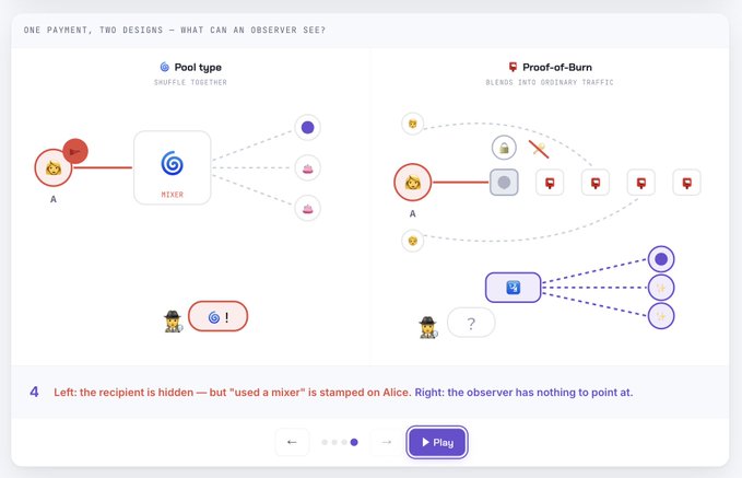 An educational diagram titled 'ONE PAYMENT, TWO DESIGNS — WHAT CAN AN OBSERVER SEE' comparing 'Pool type' and 'Proof-of-Burn' transaction privacy models with numbered annotations.
