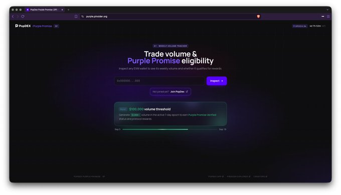 A webpage for Purple Promise on purple.pwndex.org, featuring a dark theme and purple accents, with a header reading 'Trade volume & Purple Promise eligibility' and a progress bar showing '27/30000' generated towards a '$100,000 volume threshold'.