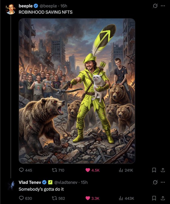 A tweet by beeple titled 'ROBINHOOD SAVING NFTS' depicting a man in green Renaissance attire holding a white dog amid a bear market rescue scene, with a quote tweet from Vlad Tenev saying 'Somebody's gotta do it'.