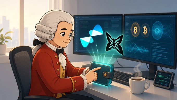 Cartoon illustration of a figure in 18th-century attire (white wig, red coat) pointing at a glowing blue device, with monitors displaying Bitcoin logos and a butterfly symbol in the background.