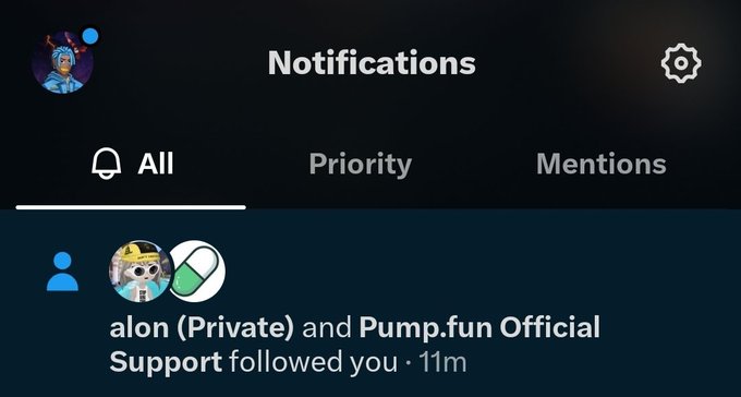 A dark-themed mobile notifications screen showing that accounts 'alon (Private) and Pump.fun Official Support' followed the user 11 minutes ago.