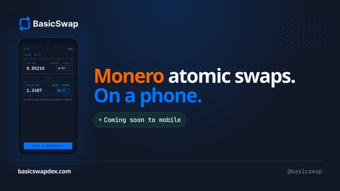 The image features a cell phone with an advertisement for BasicSwap. The phone displays an advertisement for an atomic swap service called Monero Atomic Swaps, which is currently available only on desktop computers. The text on the phone reads "Monero Atomic Swaps. On a phone." This indicates that the service is now mobile and can be accessed through a smartphone application.