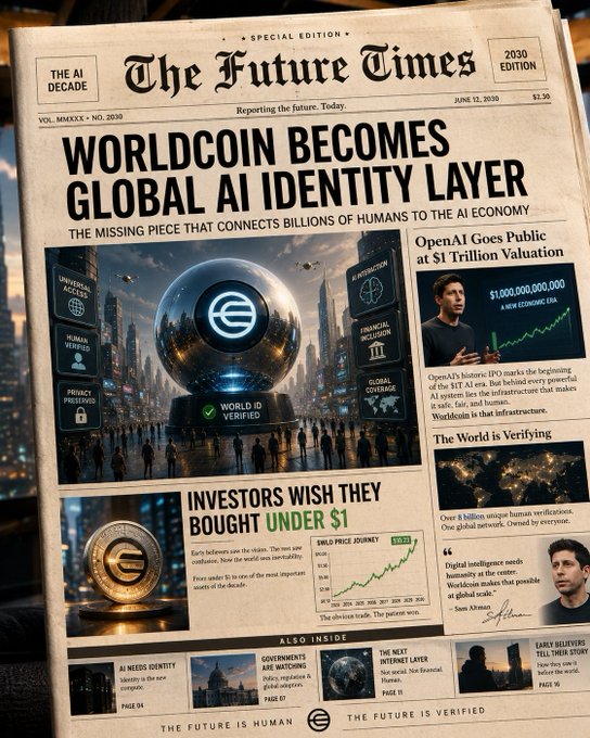 The image features a newspaper article titled "Worldcoin Becomes the Global AI Identity Layer" with an accompanying image of a man giving a speech at a conference. The headline suggests that Worldcoin has become the global identity layer, which could be related to the concept of artificial intelligence and its impact on society. The post also mentions that AI is going to serve billions of people in the future, emphasizing the importance of understanding this emerging technology.