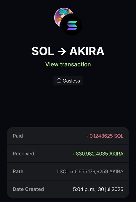 A Solana blockchain transaction screenshot showing a swap of 0.1248625 SOL for 830,982,4035 AKIRA tokens at a rate of 1 SOL ≈ 6,655,179,9259 AKIRA, dated 5:04 p.m. 30 jul 2026.