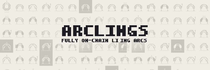 The image displays "ARCLINGS" in pixelated block letters with the subtitle "FULLY ON-CHAIN LIVING ARCS," set against a background pattern of small pixelated arc-shaped NFT characters. The post promotes Arclings as a first-batch NFT collection on the Arc mainnet, with 6,283 fully on-chain pixel PFPs, and the image serves as the project's branded banner featuring its pixel art style.