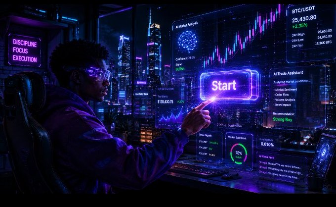 A person interacting with a glowing 'Start' button on a futuristic holographic trading interface showing BTC/USDT at 25,430.80, 'AI Trade Assistant' features, and a neon cityscape background with 'DISCIPLINE FOCUS EXECUTION' text.