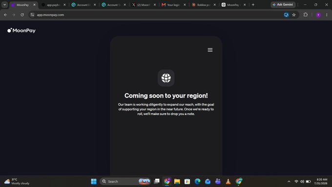 The MoonPay website displays a "Coming soon to your region!" message, indicating that their KYC services are not yet available in the user's location, which aligns with the post explaining that the app shows rewards to drive engagement in unsupported regions.