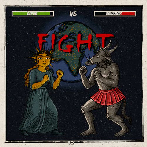 The user wants a concise caption describing the image.
I need to identify the key visual elements and text.
- **Visuals:** Two figures facing off in a boxing stance. On the left is a human-like figure with sun-like hair (labeled "NAHID"). On the right is a horned, beast-like figure (labeled "SAWULAK").
- **Text:** "VS" in the middle top. "FIGHT" in large red letters across the globe. Names "NAHID" and "SAWULAK" in boxes at the top.
- **Context:** The prompt provides context: "✧ Dawn Over Sawulak ✧ by @sariramerikhi SOLD↴ to @embii4u for 0.333 ETH $RARE". This suggests the artwork is titled "Dawn Over Sawulak" and depicts a fight or confrontation between Nahid and Sawulak.

**Draft