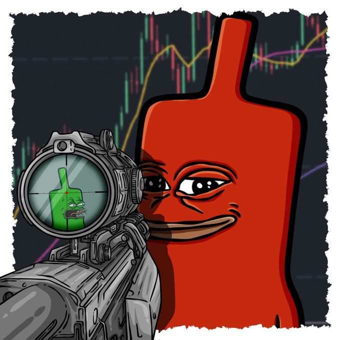 An illustration showing a red troll-like bottle character with a smirk looking through a sniper scope at a scared green bottle character, set against a background of green and red trading candlestick charts.