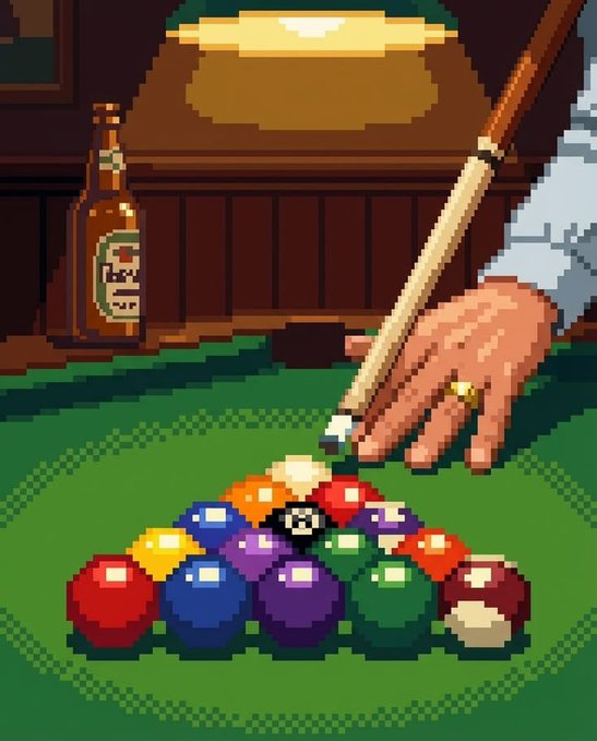 Pixel art image showing a hand holding a pool cue aimed at a rack of billiard balls, with a beer bottle on a table in the background.