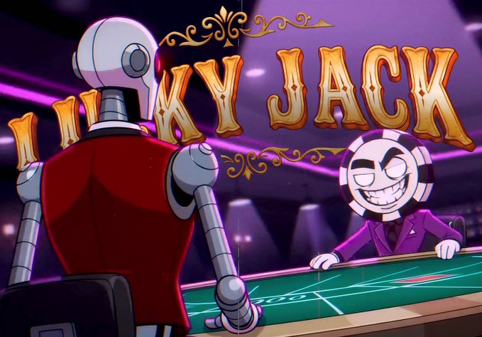 Title screen art for the game 'Lucky Jack' showing a robot dealer facing a sinister purple-suited character at a casino table.