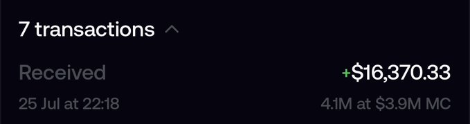 The image displays a wallet transaction showing a "Received" amount of +$16,370.33 on 25 Jul at 22:18, involving 4.1M tokens at a $3.9M market cap, as part of 7 total transactions. This large recent crypto receipt visually supports the post's claim that the $AI token ecosystem is bottoming out and gaining renewed momentum ahead of upcoming platform updates from @longdotxyz.