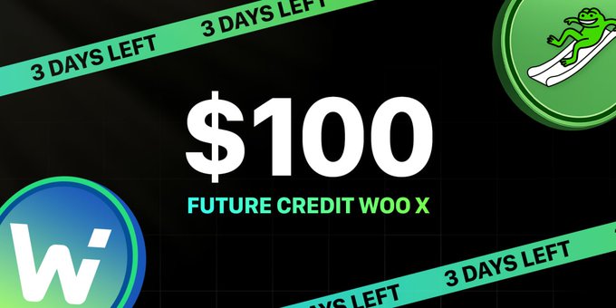 A promotional graphic offering a "$100 FUTURE CREDIT WOO X" with green banners indicating "3 DAYS LEFT," featuring the Woo X logo and a frog mascot.