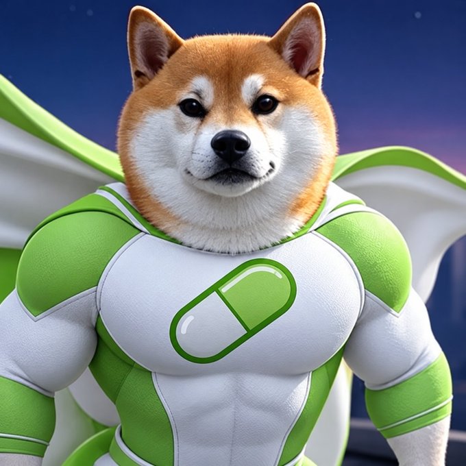 A Shiba Inu dog is depicted as a muscular superhero wearing a white and green suit featuring a pill logo on the front.