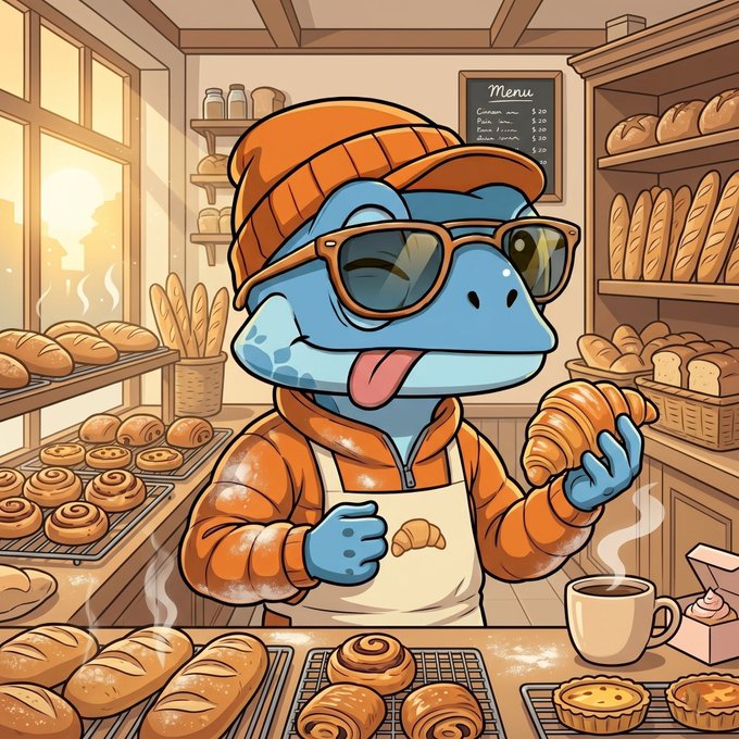 The image features a cartoon frog wearing sunglasses, an orange hat, and an apron while holding a croissant or pastry. The background shows a bakery with various types of bread displayed behind the frog. The caption "GM" appears to be related to this illustration, possibly indicating that it is part of a series or collection featuring characters from different sources.