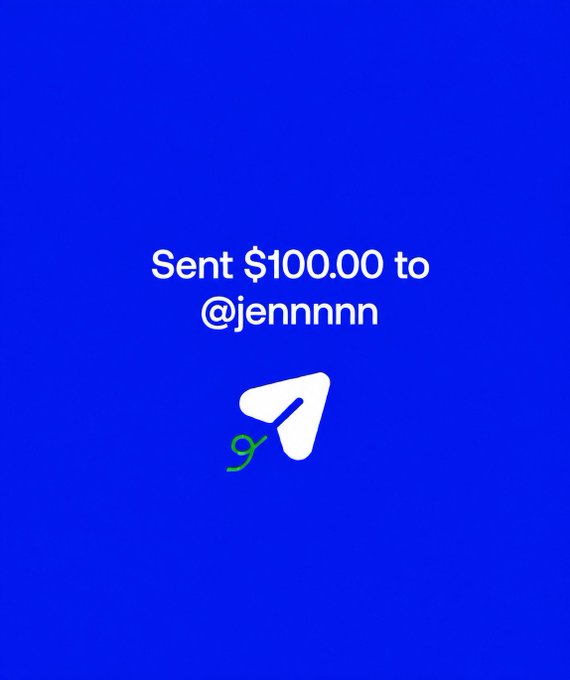 A blue screen displays "Sent $100.00 to @jennnnn" above a white paper plane icon, showing a $100 cashapp transaction. This confirms the winner of the giveaway selected from comments, where followers were required to follow on Fomo and drop their usernames for a chance to win $100 in SOL.