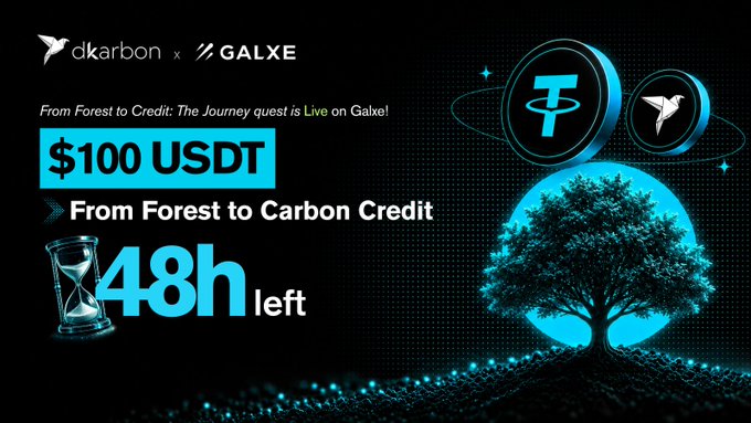 The image features an advertisement with a clock placed above a tree, which has leaves of blue color. The main focus of this promotional piece is $100 USDT, along with two Bitcoins ( Bitcoins symbol) positioned below the tree. There's also text in the image that reads "48 hours left from Forest to Carbon Credit quest on GalxeQuest closes in 2 days! If you haven' t completed the tasks yet, now is your last chance: app.galxe.com/quest/Dkarbon/ ...". The advertisement appears to be promoting an online fundraising platform or contest related to a carbon credit initiative.