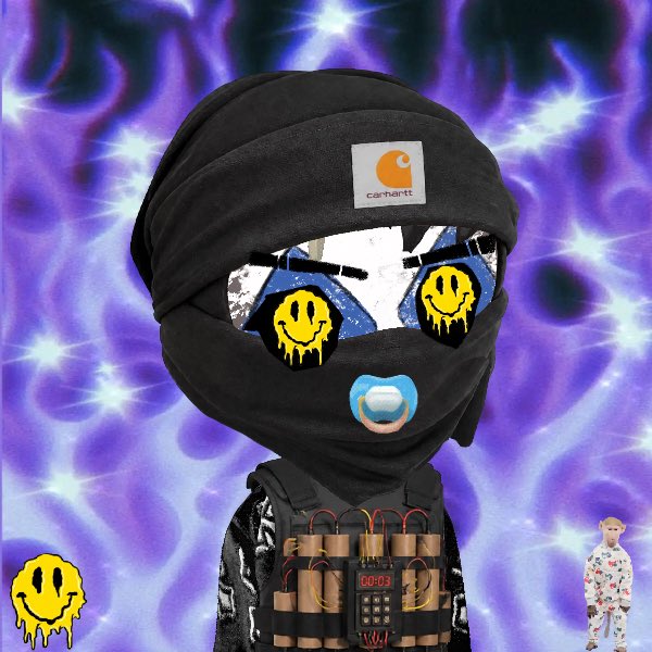 A character wearing a black Carhartt beanie and balaclava with yellow smiley face goggles stands against a purple swirling background, with a small figure in pajamas visible in the corner.