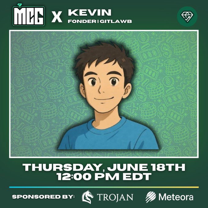 The image features a cartoon boy with brown hair wearing a blue shirt, smiling at the camera. The background of the image has green and white colors, and there are various symbols scattered around the scene. The text "MCG x Kevin Fonderigitaw" is also present in the image.