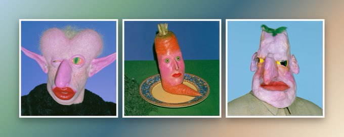 A triptych showing three bizarre sculpted character heads: a pink goblin-like creature, a carrot-human hybrid on a plate, and a pale man with green hair and mismatched eyes.
