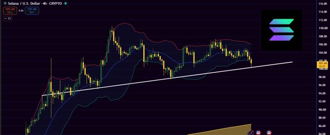 A 4-hour candlestick chart of Solana (SOL/USD) on a crypto trading platform shows price action holding above an ascending trendline around $100, with the current price at 101.44 (down -0.31%), confirming the bullish sentiment expressed in the post.