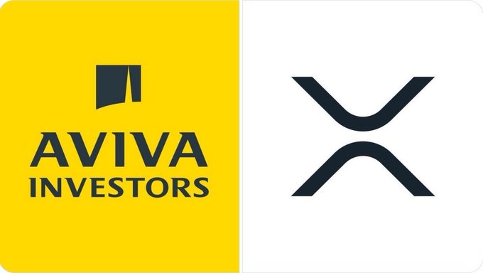 The image shows the yellow and black Aviva Investors logo alongside the XRP Ledger (Ripple) logo, visually representing the partnership announced in the post in which Aviva Investors launches a tokenised Liquidity Fund share class on the XRP Ledger in collaboration with Ripple.
