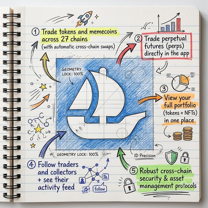 A hand-drawn notebook sketch showcases the OpenSea logo at the center, surrounded by five numbered features: trading tokens/memecoins across 27 chains, perpetual futures trading, full portfolio viewing (tokens + NFTs), following traders with an activity feed, and robust cross-chain security protocols. The image visually represents the "Gm opensea" post by highlighting OpenSea's expanding platform capabilities, presented in a casual, sketched style fitting the greeting.