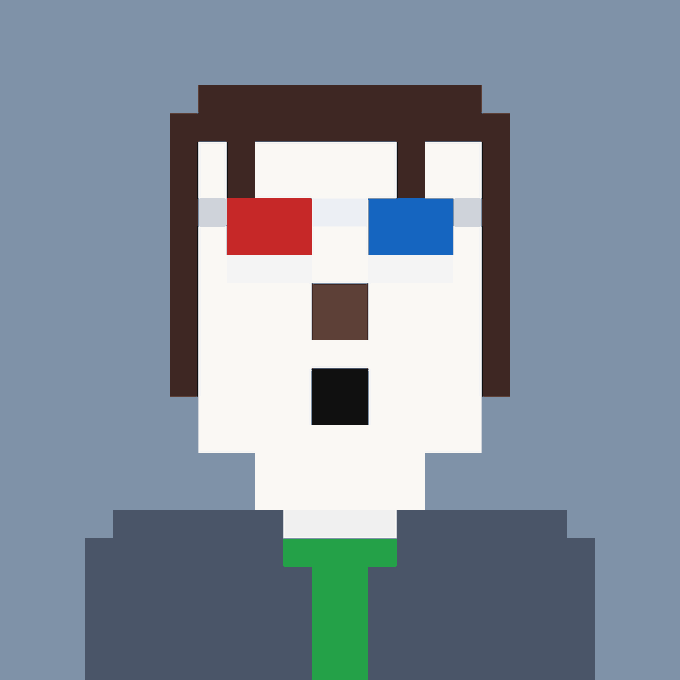 A pixel art portrait of a man with dark hair wearing blue-tinted 3D glasses (one red, one blue lens) and a suit with a tie, displaying a shocked expression against a gray background. The image humorously illustrates the KOL (Key Opinion Leader) character mentioned in the caption, who claims foresight about the $STONKBROKER crash to justify not paying the $100 minting fee—portrayed as wide-eyed and stunned by the outcome.