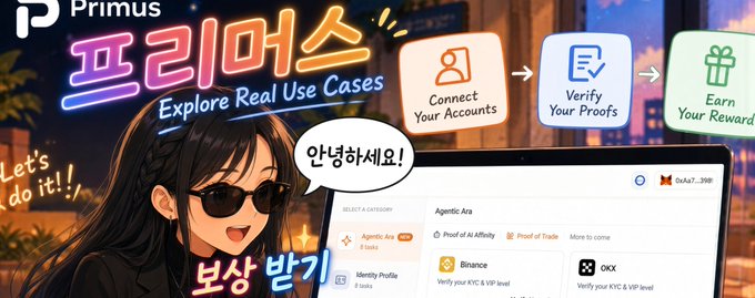 An anime-style promotional banner for Primus features a female character with sunglasses saying "안녕하세요!" (Hello!) alongside the slogan "Explore Real Use Cases" and a workflow: "Connect Your Accounts -> Verify Your Proofs -> Earn Your Rewards."