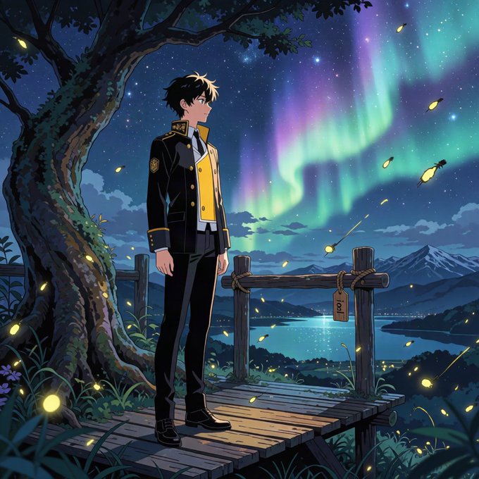 An anime-style illustration of a dark-haired young man in a black and yellow uniform standing on a wooden deck under a starry sky with a green aurora borealis.