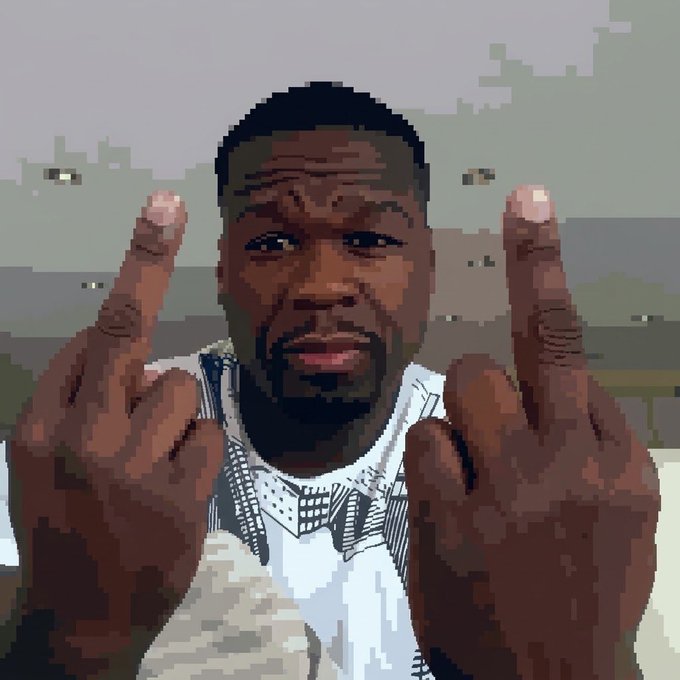 A pixelated image of a man with a beard wearing a white t-shirt and chains, holding up both middle fingers toward the camera.