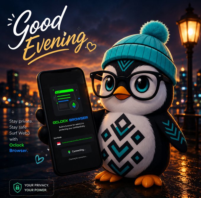 An advertisement for 'Oclock Browser' featuring a cute penguin character with glasses and a blue beanie holding a smartphone displaying the web3 browser interface, with the tagline 'Stay private. Stay safe. Surf Web3 with Oclock Browser.'